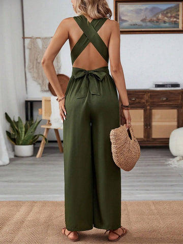 Spring/Summer Twist Front Cami Jumpsuit With Crisscross Open Back And Tie Waist