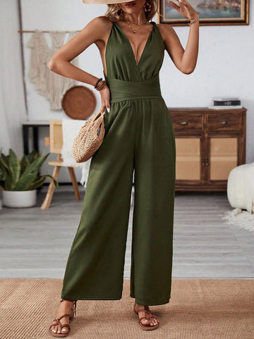 Spring/Summer Twist Front Cami Jumpsuit With Crisscross Open Back And Tie Waist