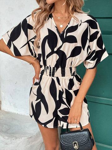 Spring/Summer V-Neck Elastic Waist Leaf Silhouette Printed Romper