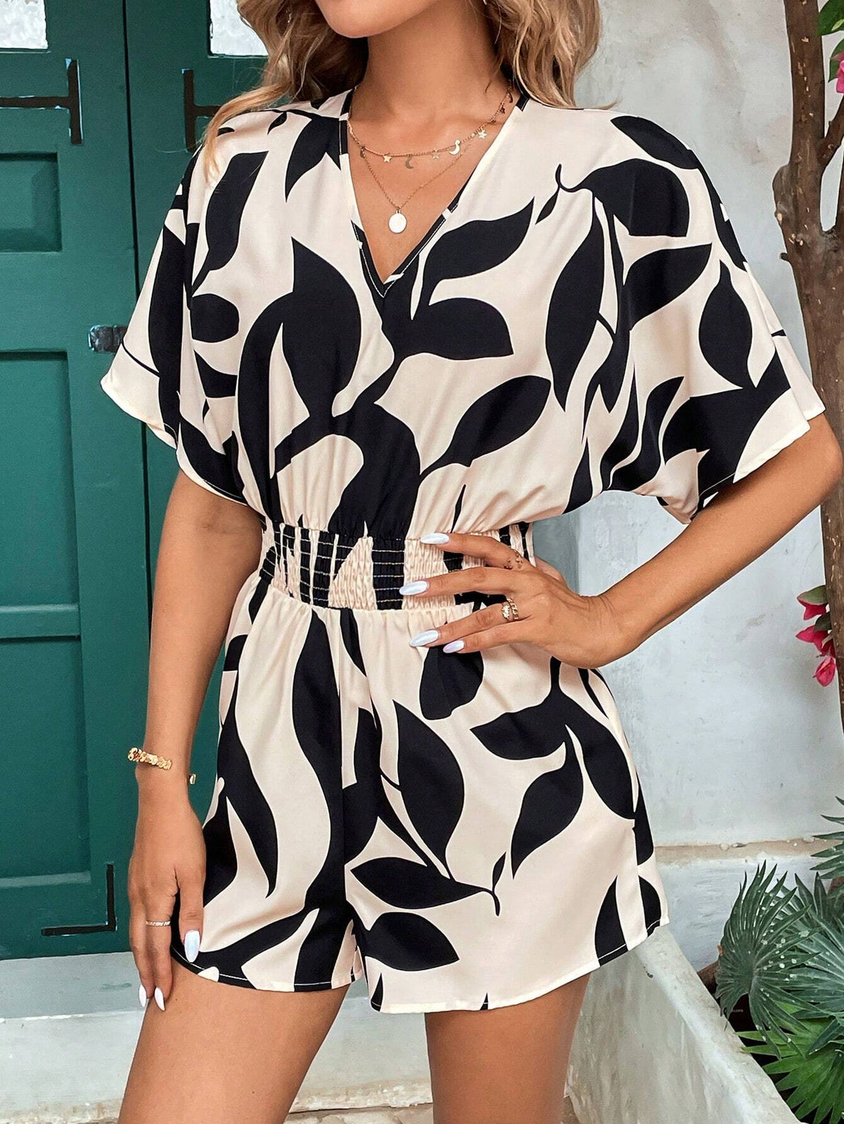 Spring/Summer V-Neck Elastic Waist Leaf Silhouette Printed Romper