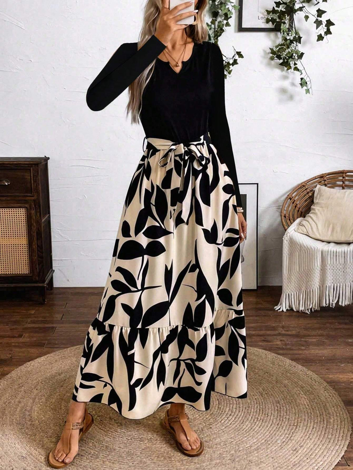 Spring Autumn Casual Black Ribbed Splice Floral Print Dress