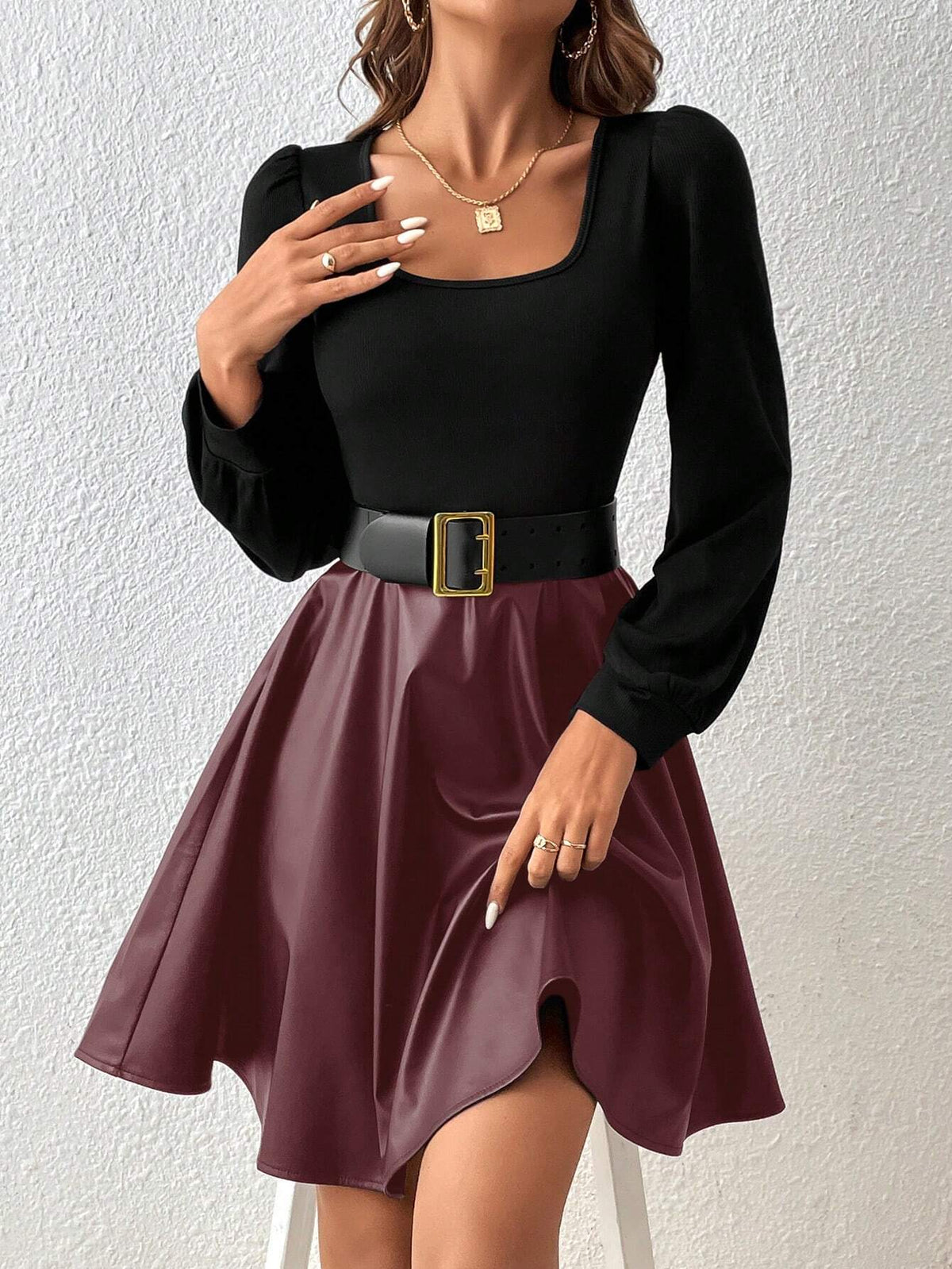 Square Neck Lantern Sleeve Pu Leather A-Line Dress Without Belt