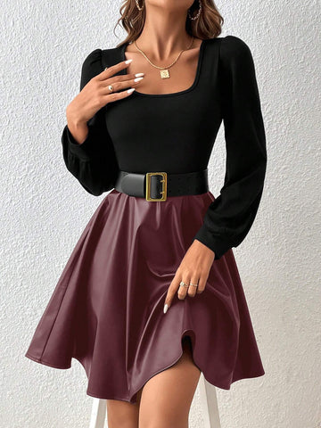 Square Neck Lantern Sleeve Pu Leather A-Line Dress Without Belt