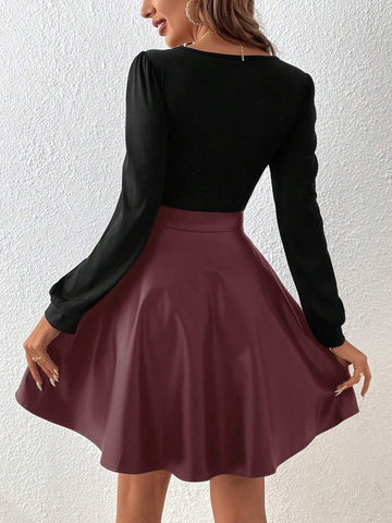 Square Neck Lantern Sleeve Pu Leather A-Line Dress Without Belt