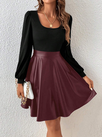 Square Neck Lantern Sleeve Pu Leather A-Line Dress Without Belt