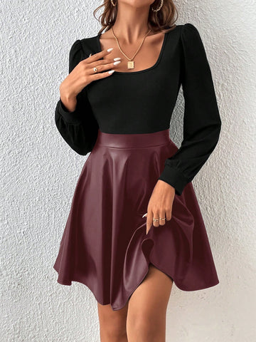 Square Neck Lantern Sleeve Pu Leather A-Line Dress Without Belt