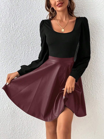 Square Neck Lantern Sleeve Pu Leather A-Line Dress Without Belt