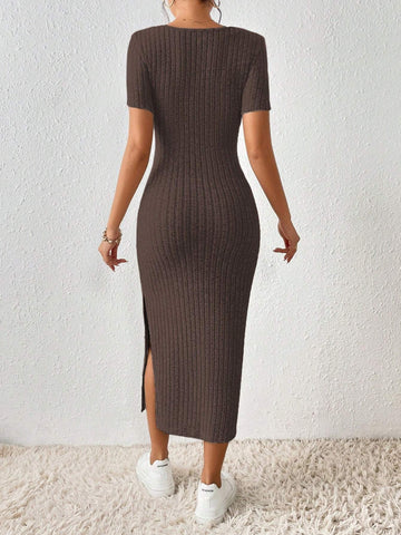 Square Neck Split Thigh Ribbed Knit Bodycon Textured Fabric Split Dress