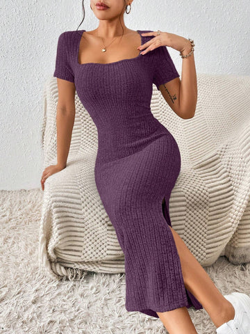Square Neck Split Thigh Ribbed Knit Bodycon Textured Fabric Split Dress