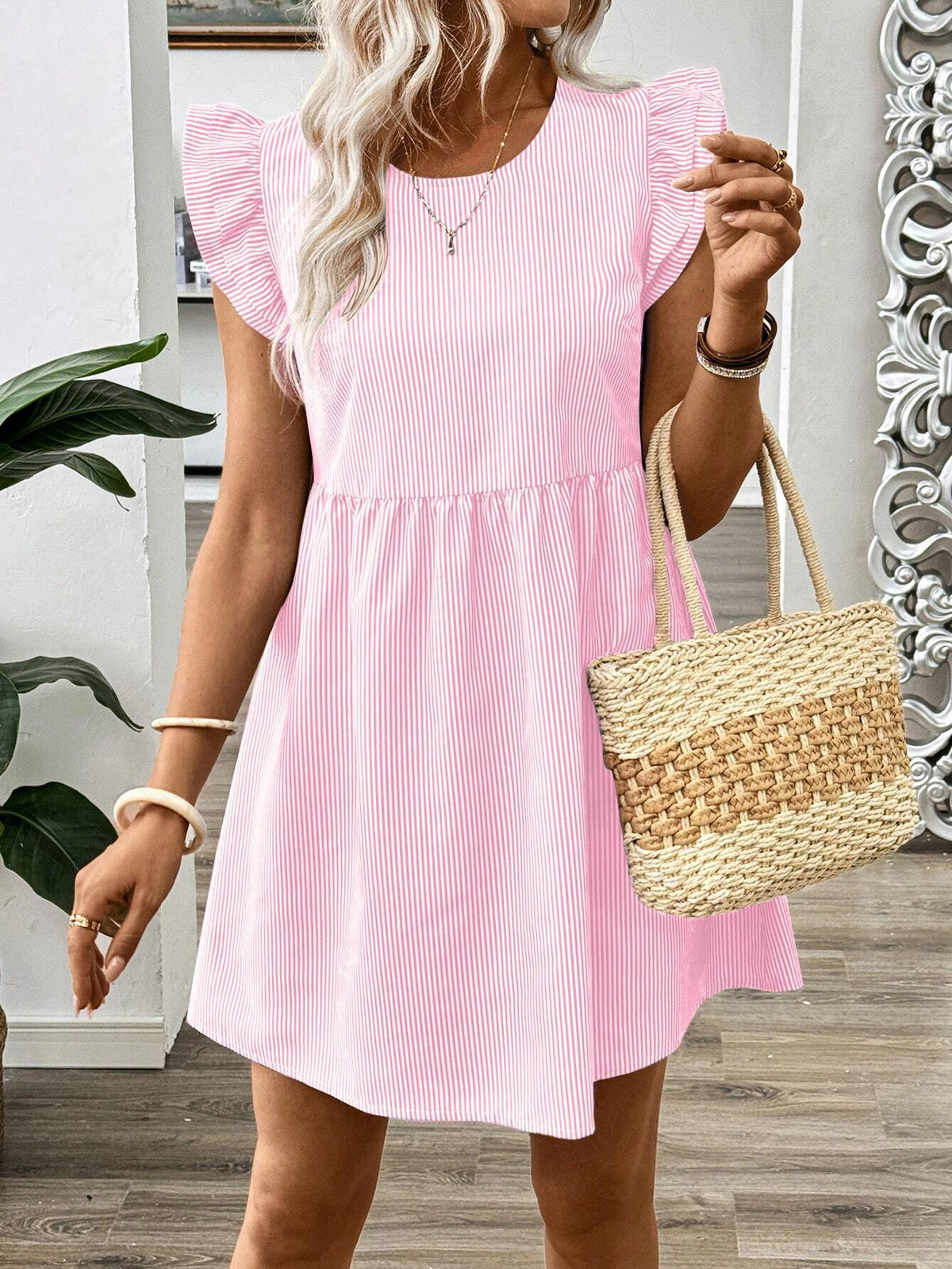 Striped Cap Sleeve Babydoll Dress, Spring & Autumn
