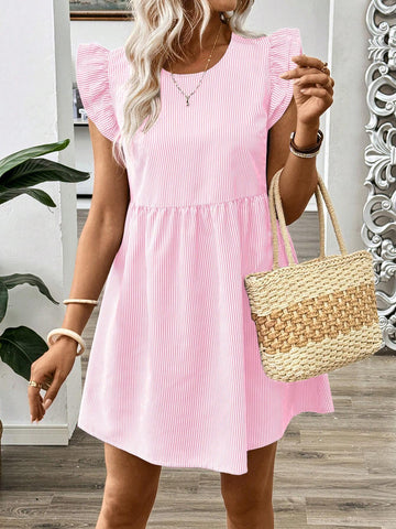 Striped Cap Sleeve Babydoll Dress, Spring & Autumn