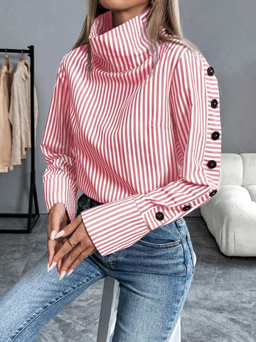 Frenchy Striped Casual Long Sleeve Turn-Down Collar Single-Breasted Blue Shirt