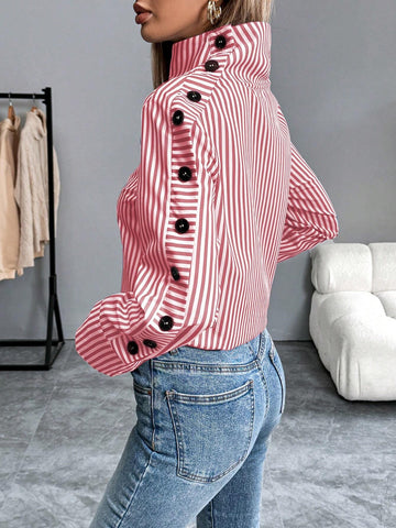 Frenchy Striped Casual Long Sleeve Turn-Down Collar Single-Breasted Blue Shirt