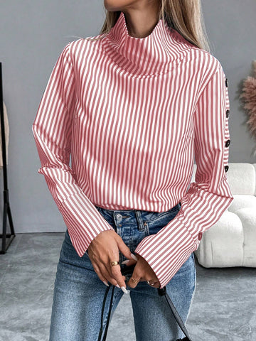 Frenchy Striped Casual Long Sleeve Turn-Down Collar Single-Breasted Blue Shirt