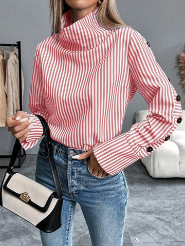 Frenchy Striped Casual Long Sleeve Turn-Down Collar Single-Breasted Blue Shirt