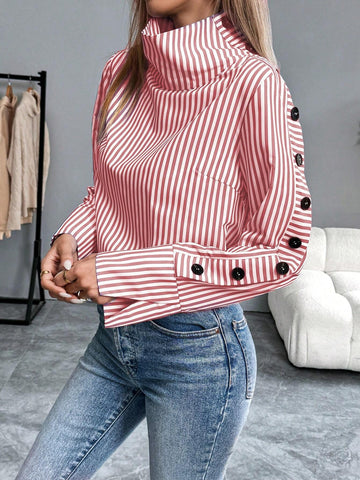 Frenchy Striped Casual Long Sleeve Turn-Down Collar Single-Breasted Blue Shirt