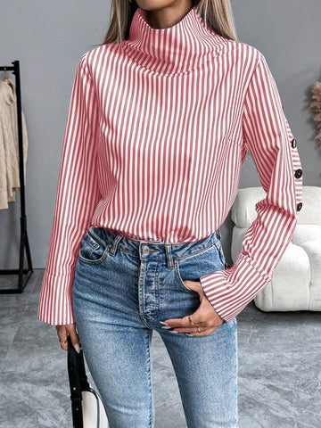 Frenchy Striped Casual Long Sleeve Turn-Down Collar Single-Breasted Blue Shirt