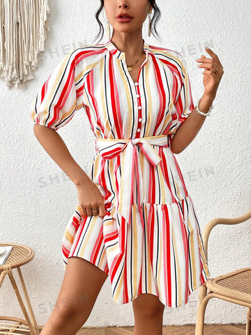 Striped Color-Blocking Belted Women's Dress