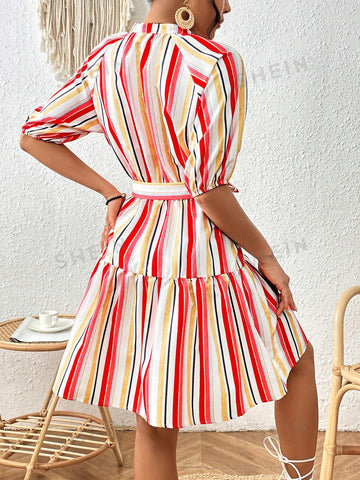 Striped Color-Blocking Belted Women's Dress