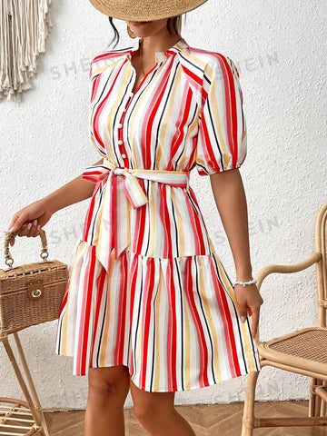 Striped Color-Blocking Belted Women's Dress