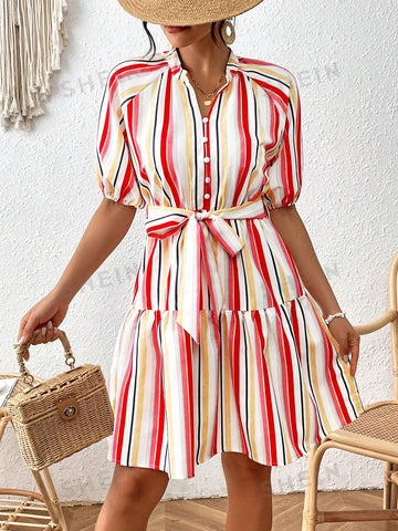 Striped Color-Blocking Belted Women's Dress