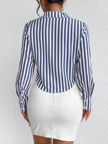 Striped Print Button Front Crop Shirt