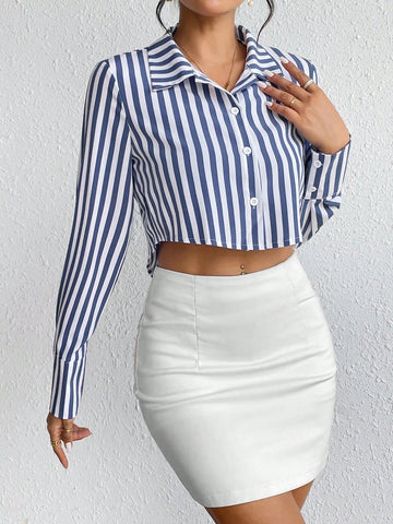 Striped Print Button Front Crop Shirt