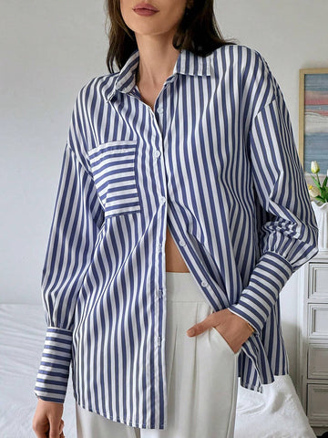 Frenchy Striped Print Drop Shoulder Shirt For Spring & Summer