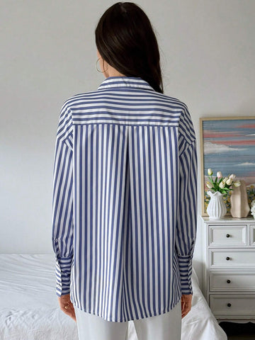 Frenchy Striped Print Drop Shoulder Shirt For Spring & Summer