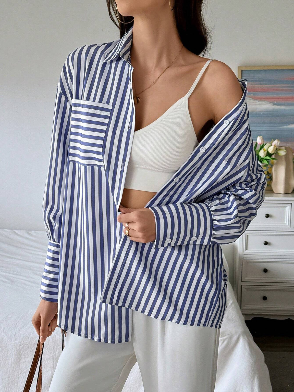 Frenchy Striped Print Drop Shoulder Shirt For Spring & Summer