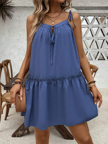 Summer Casual Loose Fit Spaghetti Strap Dress With Ruffled Trim, Decorative Tie, And Strappy Detailing