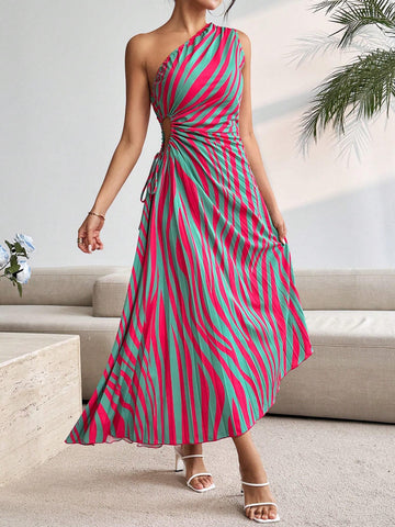Summer Casual Sleeveless Striped & Printed Hollow Out Waist Drawstring Asymmetrical Hem