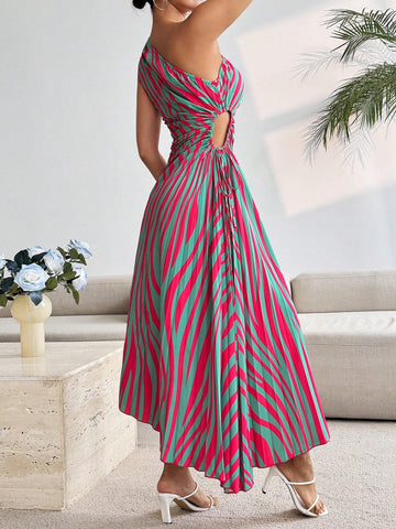 Summer Casual Sleeveless Striped & Printed Hollow Out Waist Drawstring Asymmetrical Hem