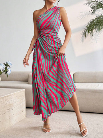 Summer Casual Sleeveless Striped & Printed Hollow Out Waist Drawstring Asymmetrical Hem