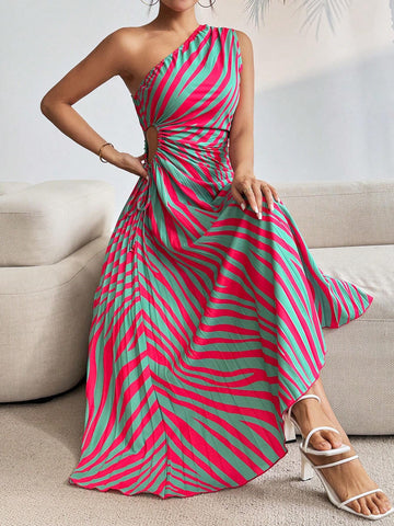 Summer Casual Sleeveless Striped & Printed Hollow Out Waist Drawstring Asymmetrical Hem