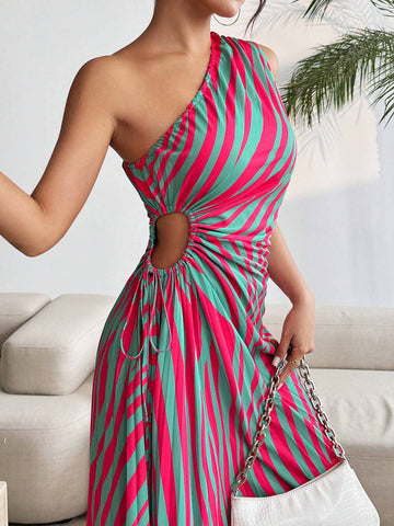 Summer Casual Sleeveless Striped & Printed Hollow Out Waist Drawstring Asymmetrical Hem