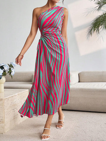 Summer Casual Sleeveless Striped & Printed Hollow Out Waist Drawstring Asymmetrical Hem