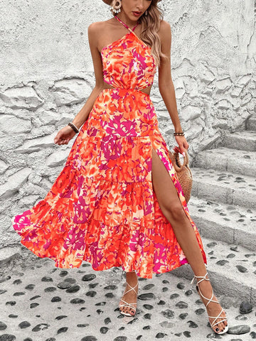 Summer Casual Vacation Full Printed Hollow Out Split Halter Neck Maxi Dress