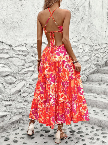 Summer Casual Vacation Full Printed Hollow Out Split Halter Neck Maxi Dress