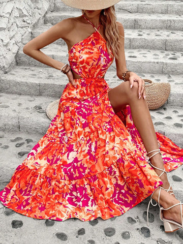 Summer Casual Vacation Full Printed Hollow Out Split Halter Neck Maxi Dress