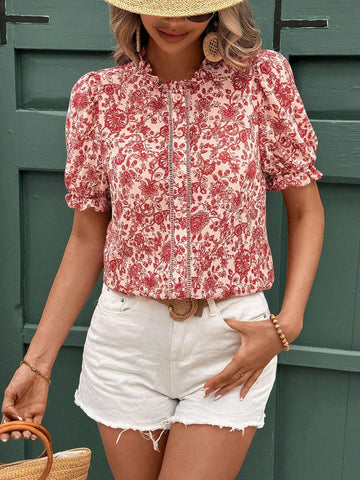 Frenchy Summer Clothes Beach Women's Floral Print Button Front Shirt