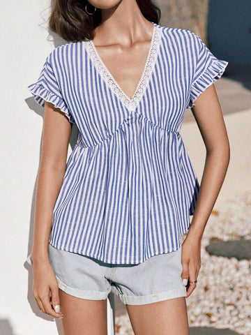 Frenchy Summer Cotton And Linen Lace Splicing Blue And White StripesV-Neck , Ruffled Sleeves Blouse,