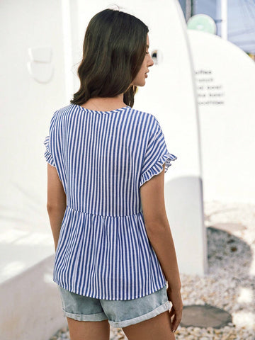 Frenchy Summer Cotton And Linen Lace Splicing Blue And White StripesV-Neck , Ruffled Sleeves Blouse,