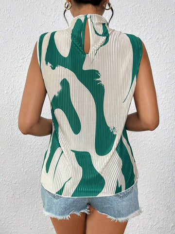 Frenchy Summer High Neck Slim Fit Printed Pleated Women's Shirt