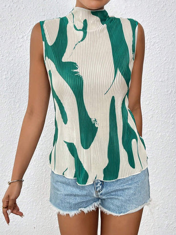 Frenchy Summer High Neck Slim Fit Printed Pleated Women's Shirt