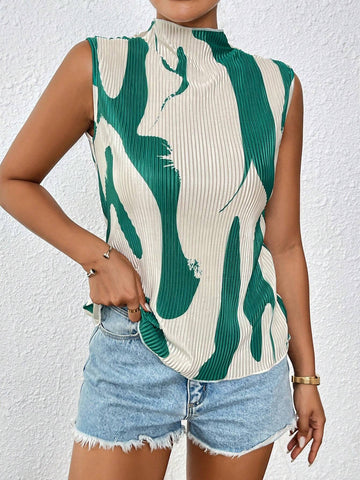 Frenchy Summer High Neck Slim Fit Printed Pleated Women's Shirt