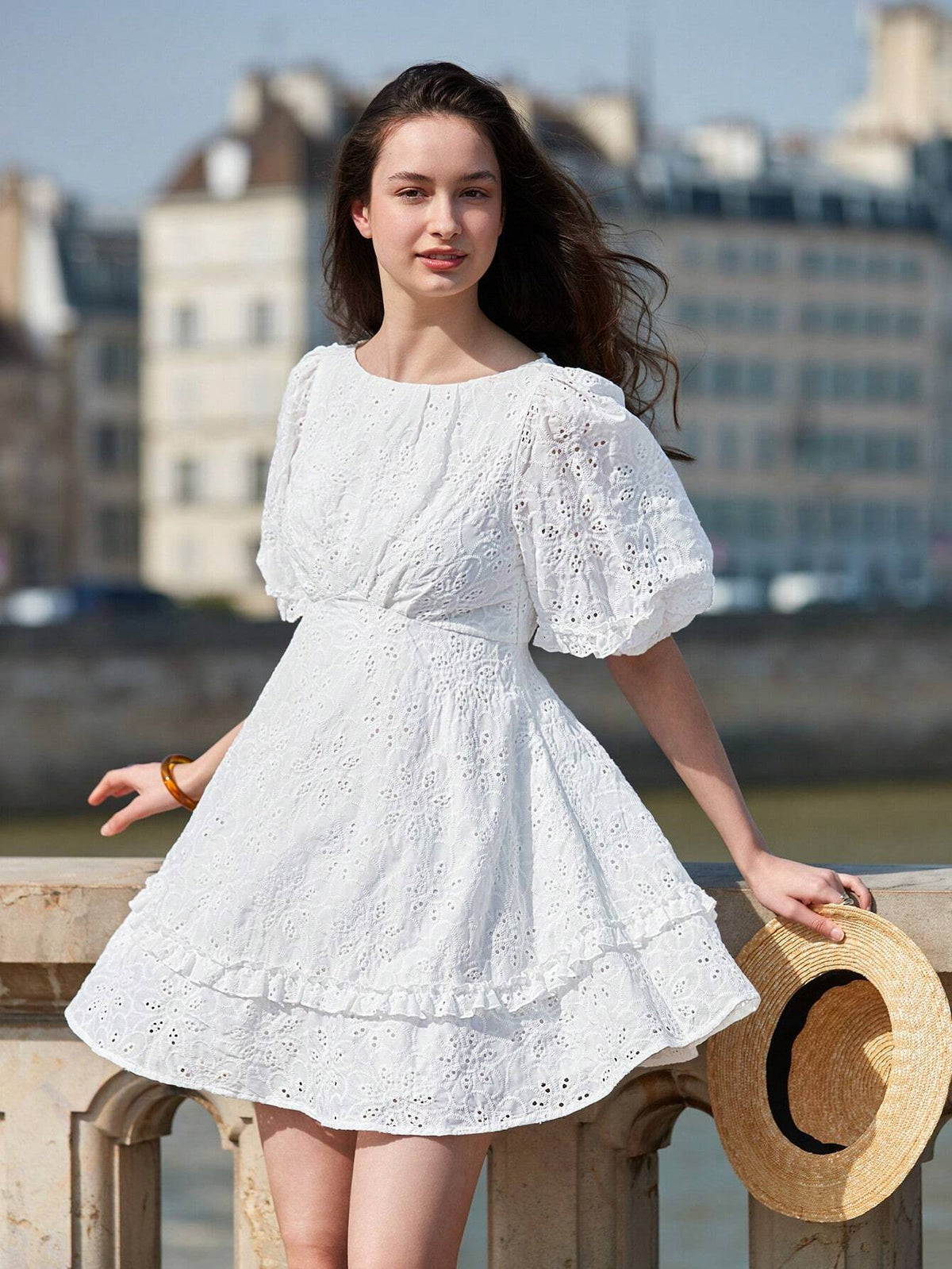 Summer Hollow Out Embroidery Bubble Sleeve Pleated A-Line Dress