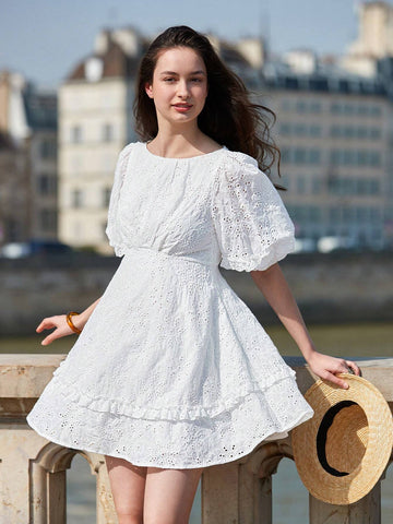 Summer Hollow Out Embroidery Bubble Sleeve Pleated A-Line Dress
