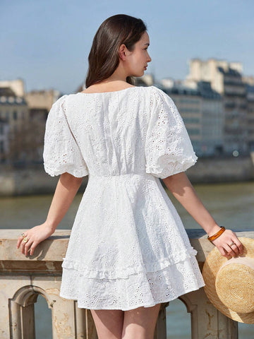 Summer Hollow Out Embroidery Bubble Sleeve Pleated A-Line Dress