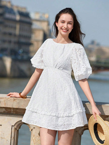 Summer Hollow Out Embroidery Bubble Sleeve Pleated A-Line Dress